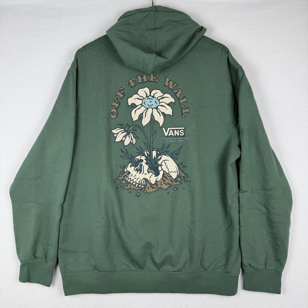 Vans Hoodie Mens Large Green Growing On You Skull Flower Graphic Pullover